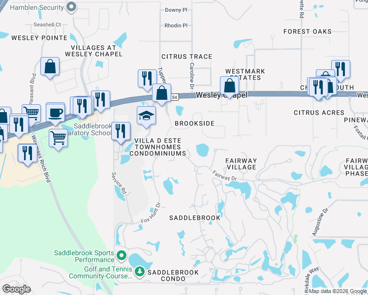 map of restaurants, bars, coffee shops, grocery stores, and more near 5424 Saddlebrook Way in Zephyrhills