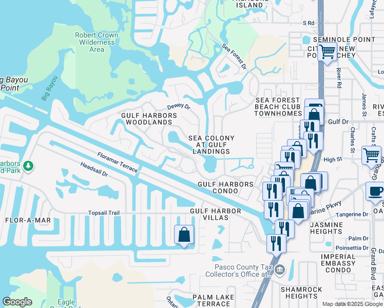 map of restaurants, bars, coffee shops, grocery stores, and more near 4540 Marine Parkway in Port Richey