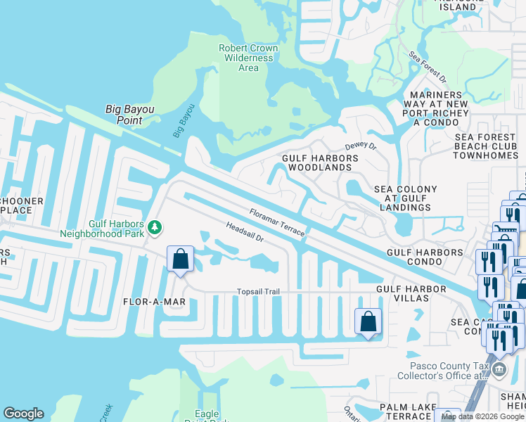 map of restaurants, bars, coffee shops, grocery stores, and more near in NEW PT RICHEY