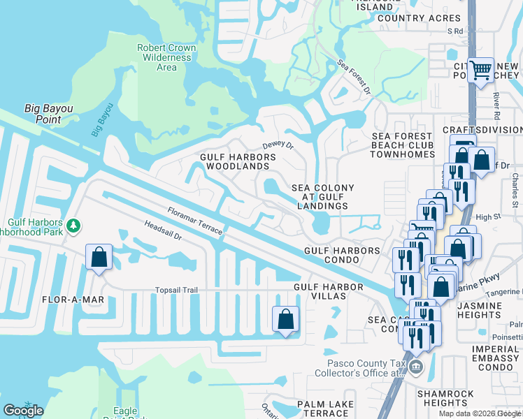 map of restaurants, bars, coffee shops, grocery stores, and more near 4453 Garnet Drive in New Port Richey