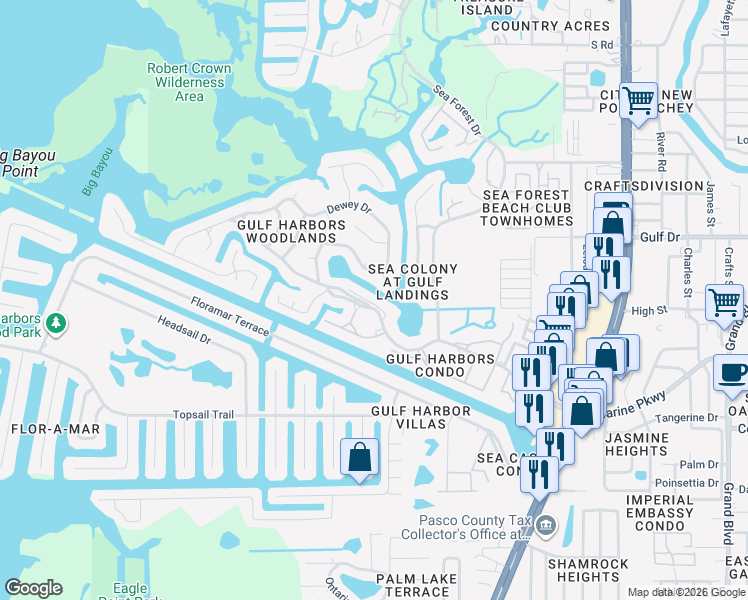 map of restaurants, bars, coffee shops, grocery stores, and more near 4540 Marine Parkway in Port Richey