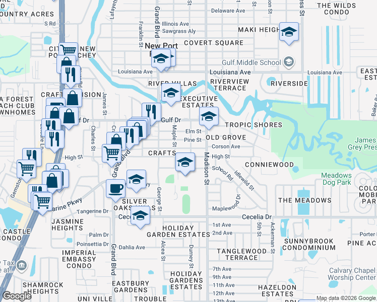 map of restaurants, bars, coffee shops, grocery stores, and more near 5323 Beach Street in New Port Richey