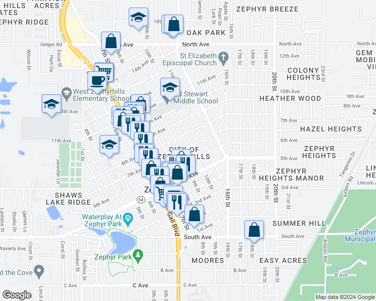 map of restaurants, bars, coffee shops, grocery stores, and more near 38524 7th Avenue in Zephyrhills