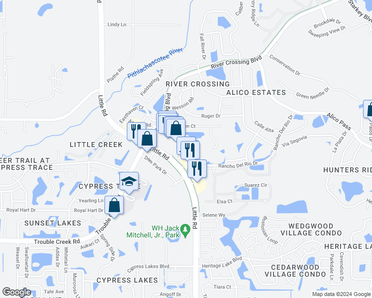map of restaurants, bars, coffee shops, grocery stores, and more near 5220 Little Road in New Port Richey