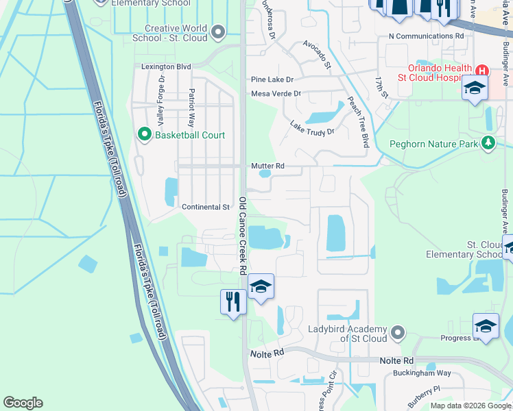 map of restaurants, bars, coffee shops, grocery stores, and more near 3955 Florida Trail in St. Cloud
