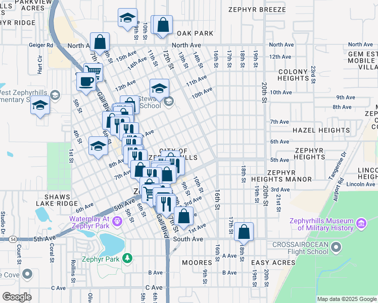 map of restaurants, bars, coffee shops, grocery stores, and more near 5409 11th Street in Zephyrhills