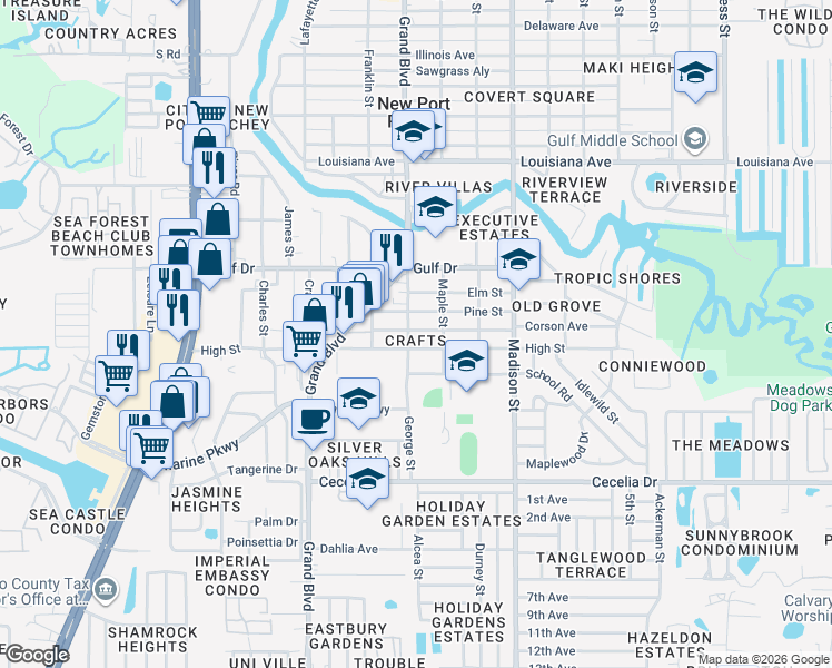map of restaurants, bars, coffee shops, grocery stores, and more near 5400 School Road in New Port Richey