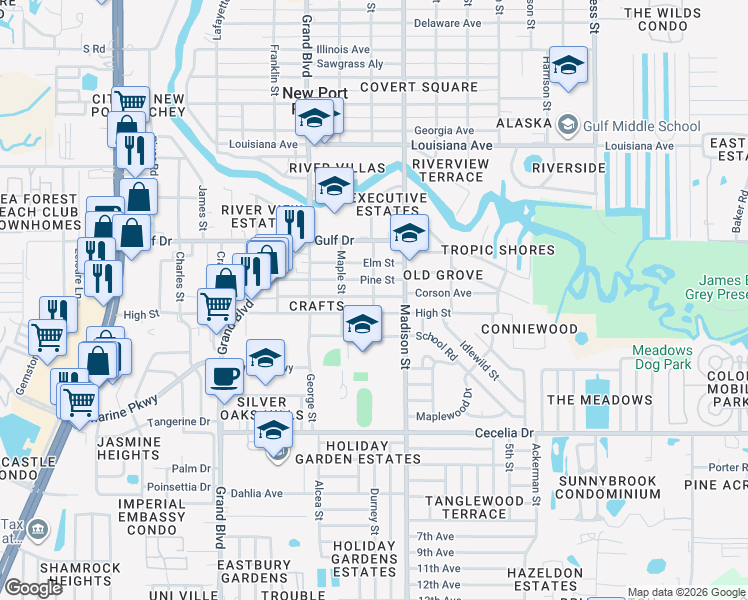 map of restaurants, bars, coffee shops, grocery stores, and more near 5325 Beach Street in New Port Richey