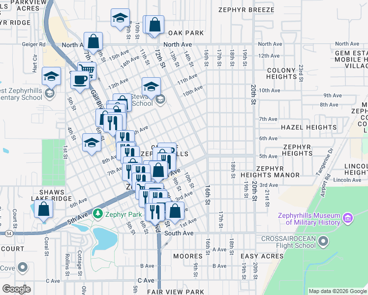 map of restaurants, bars, coffee shops, grocery stores, and more near 5409 11th Street in Zephyrhills