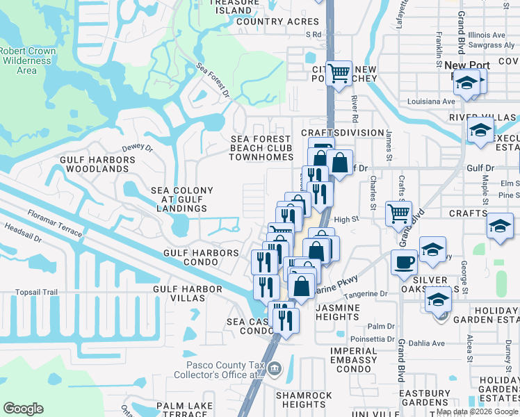 map of restaurants, bars, coffee shops, grocery stores, and more near 4933 Docner Street in New Port Richey