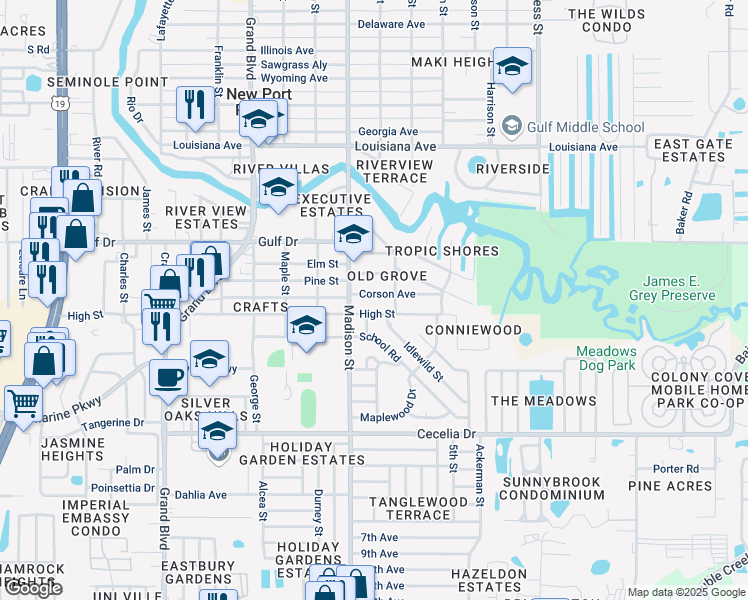 map of restaurants, bars, coffee shops, grocery stores, and more near 5302 Ironwood Lane in New Port Richey