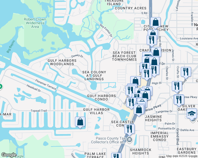 map of restaurants, bars, coffee shops, grocery stores, and more near 5323 Jobeth Drive in Port Richey