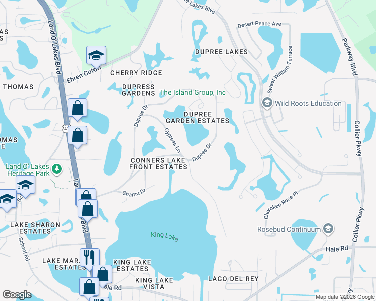 map of restaurants, bars, coffee shops, grocery stores, and more near 22368 Dupree Drive in Land O' Lakes