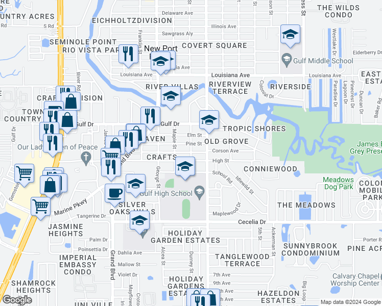 map of restaurants, bars, coffee shops, grocery stores, and more near 5327 Beach Street in New Port Richey