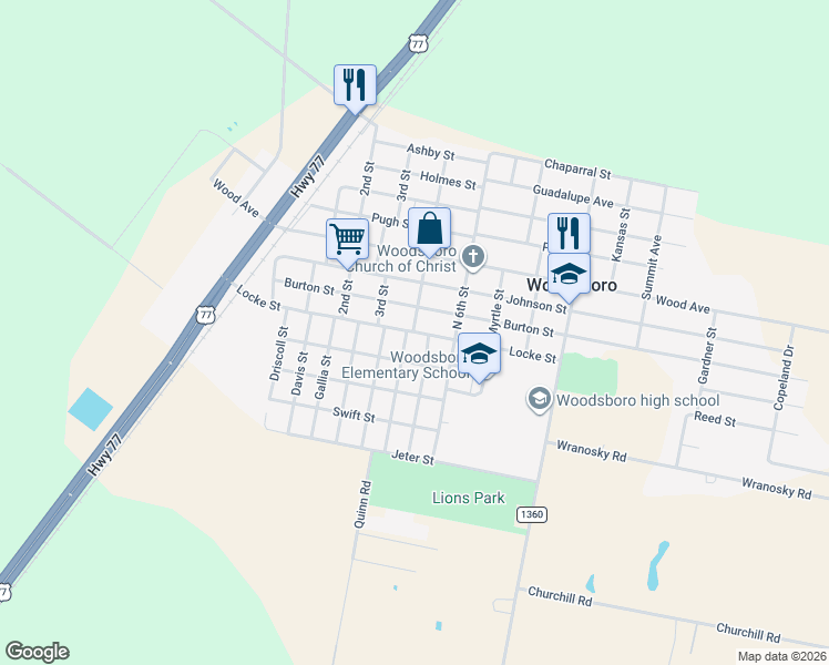 map of restaurants, bars, coffee shops, grocery stores, and more near 108 Magnolia Street in Refugio