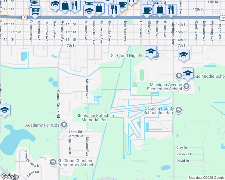 map of restaurants, bars, coffee shops, grocery stores, and more near 1651 Town Park Court in St. Cloud