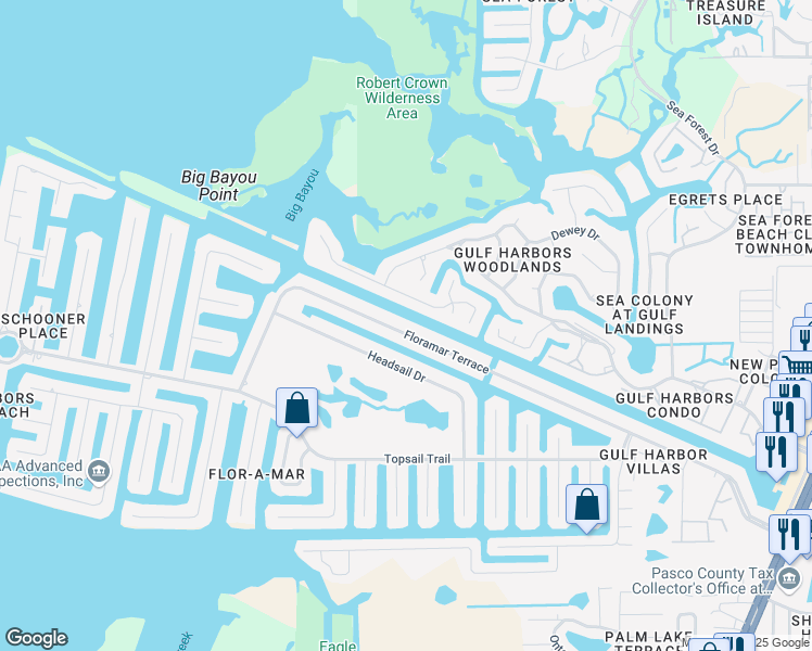 map of restaurants, bars, coffee shops, grocery stores, and more near 4126 Perry Place in Port Richey