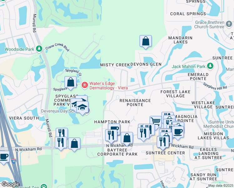 map of restaurants, bars, coffee shops, grocery stores, and more near 7955 Spyglass Hill Road in Melbourne