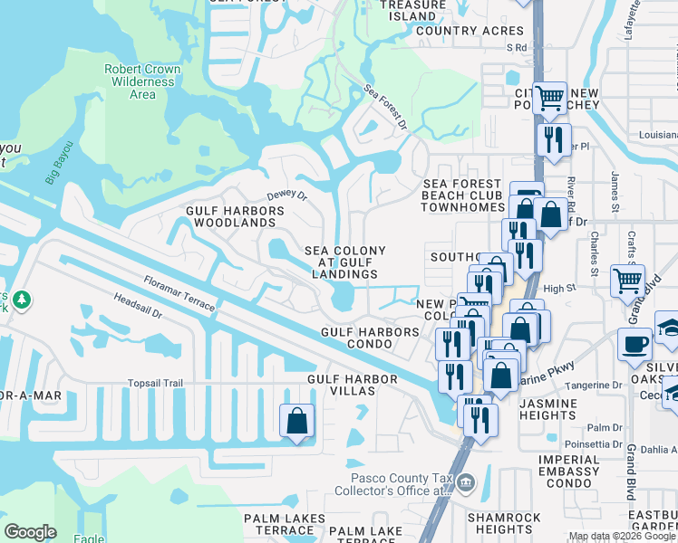 map of restaurants, bars, coffee shops, grocery stores, and more near 5409 Jobeth Drive in New Port Richey