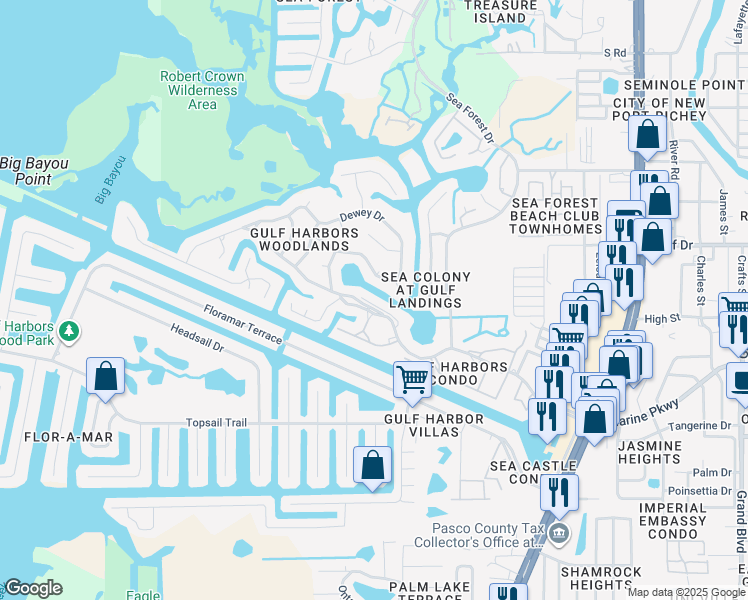 map of restaurants, bars, coffee shops, grocery stores, and more near 4568 Mitcher Road in Port Richey