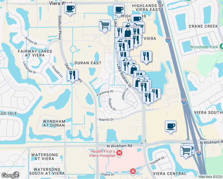map of restaurants, bars, coffee shops, grocery stores, and more near 2408 Casona Lane in Melbourne