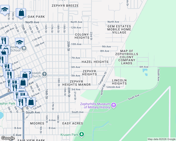 map of restaurants, bars, coffee shops, grocery stores, and more near 39150 6th Avenue in Zephyrhills