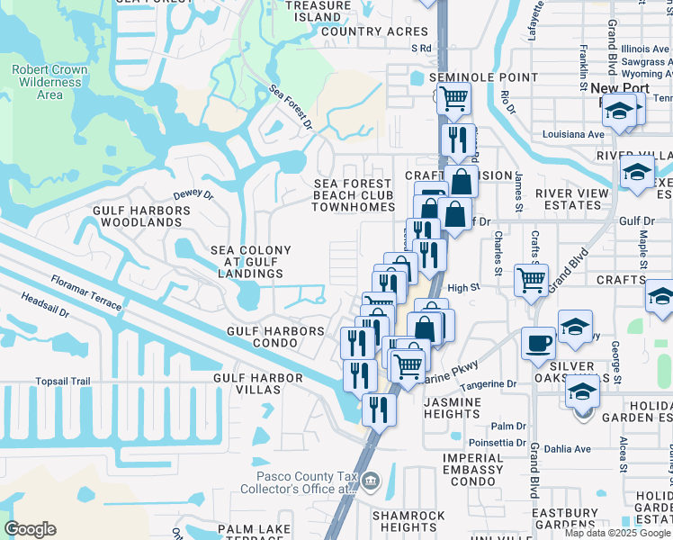 map of restaurants, bars, coffee shops, grocery stores, and more near 4922 Filner Street in New Port Richey