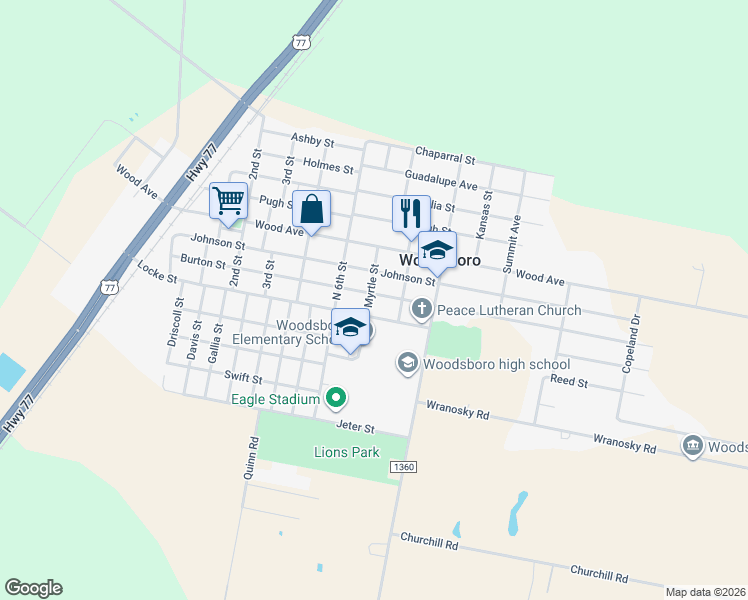 map of restaurants, bars, coffee shops, grocery stores, and more near 615 Burton Street in Woodsboro