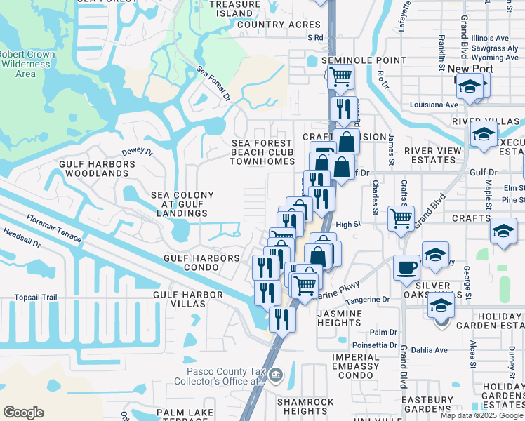 map of restaurants, bars, coffee shops, grocery stores, and more near 4948 Filner Street in New Port Richey