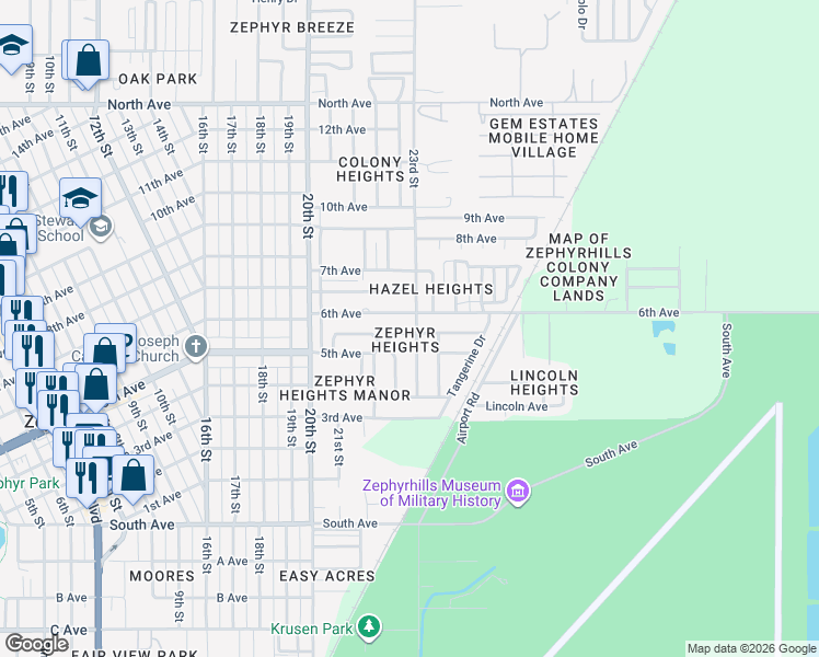 map of restaurants, bars, coffee shops, grocery stores, and more near 39219 5th Avenue in Zephyrhills