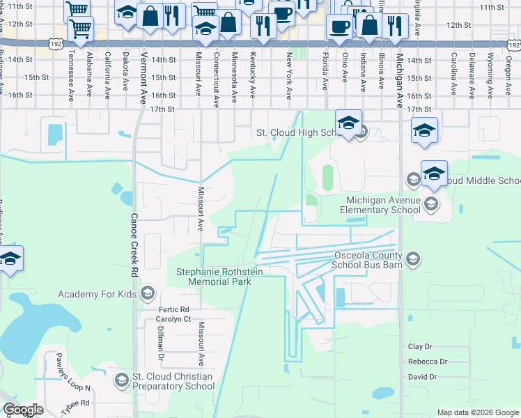 map of restaurants, bars, coffee shops, grocery stores, and more near 1651 Town Park Court in St. Cloud