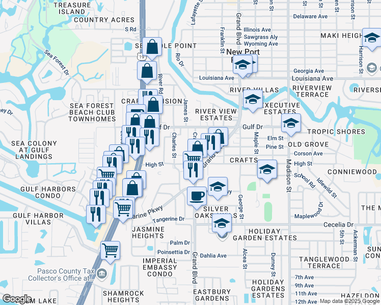 map of restaurants, bars, coffee shops, grocery stores, and more near 25 Crafts Street in New Port Richey