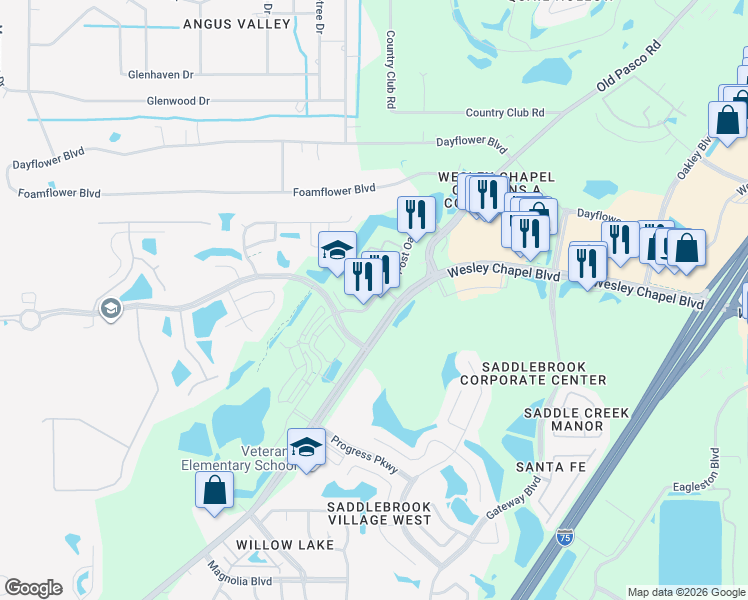 map of restaurants, bars, coffee shops, grocery stores, and more near 5474 Post Oak Boulevard in Wesley Chapel