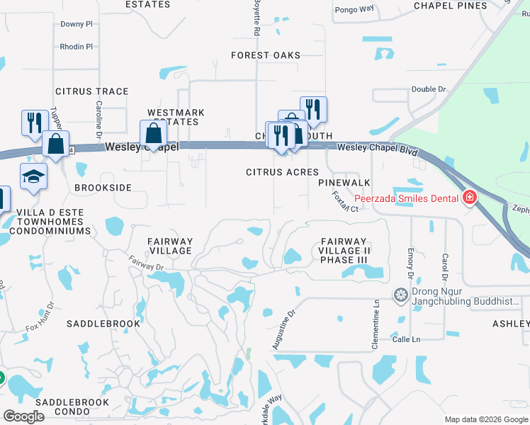 map of restaurants, bars, coffee shops, grocery stores, and more near 5525 Gray Road in Zephyrhills
