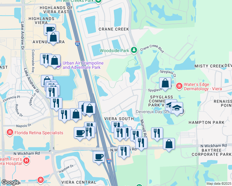 map of restaurants, bars, coffee shops, grocery stores, and more near 7126 Hammock Lakes Drive in Melbourne