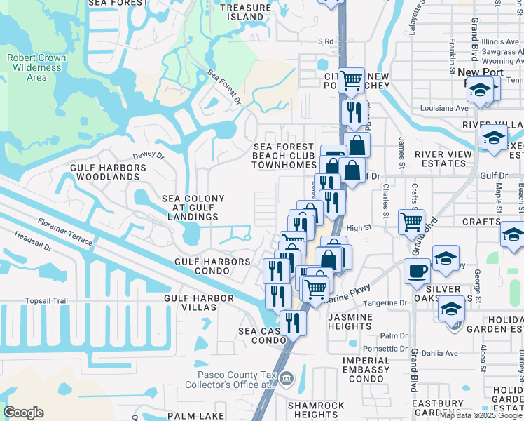 map of restaurants, bars, coffee shops, grocery stores, and more near 4929 Filner Street in New Port Richey