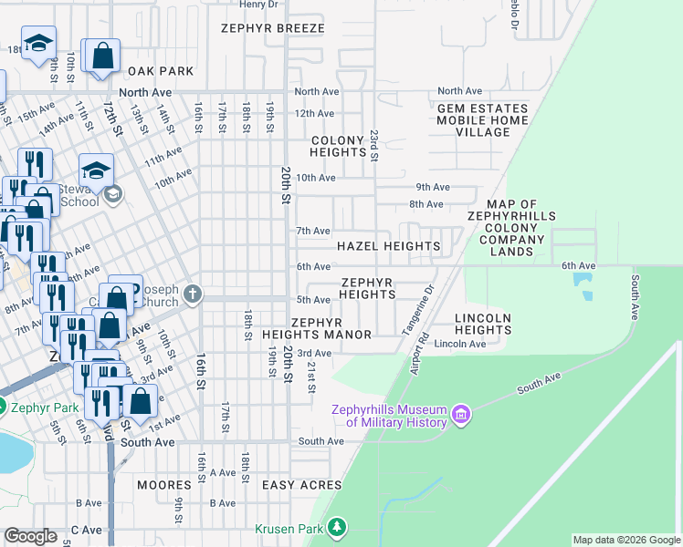 map of restaurants, bars, coffee shops, grocery stores, and more near 39150 6th Avenue in Zephyrhills