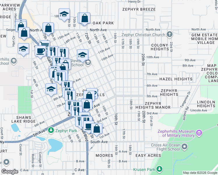 map of restaurants, bars, coffee shops, grocery stores, and more near 5446 11th Street in Zephyrhills