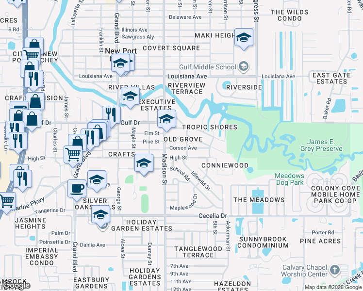 map of restaurants, bars, coffee shops, grocery stores, and more near 6026 Arthur Avenue in New Port Richey