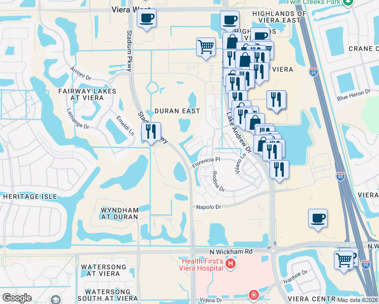 map of restaurants, bars, coffee shops, grocery stores, and more near 6684 Vista Hermosa Drive in Melbourne