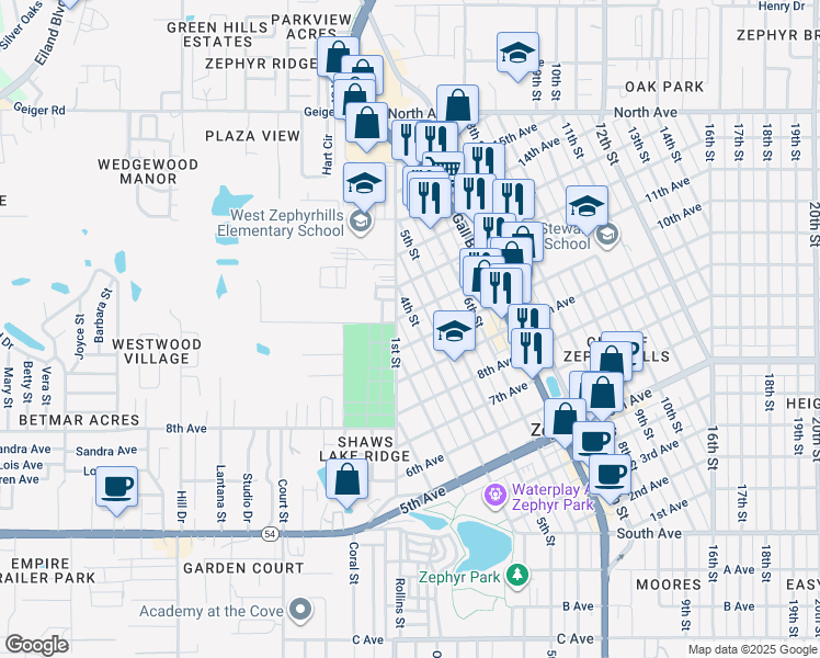 map of restaurants, bars, coffee shops, grocery stores, and more near 38011 11th Avenue in Zephyrhills