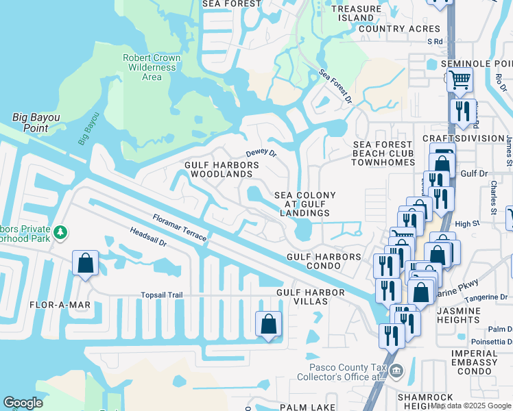 map of restaurants, bars, coffee shops, grocery stores, and more near 4457 Marine Parkway in New Port Richey