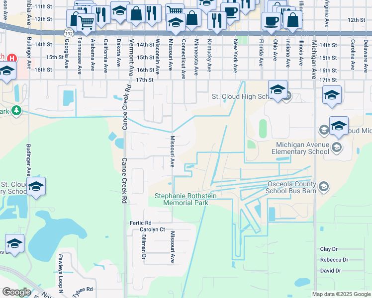 map of restaurants, bars, coffee shops, grocery stores, and more near 1691 Town Park Court in Saint Cloud