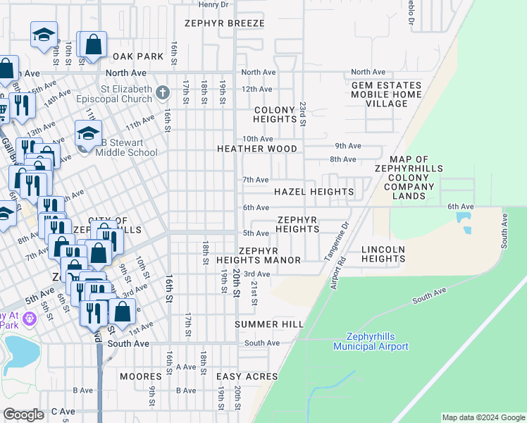 map of restaurants, bars, coffee shops, grocery stores, and more near 39100 6th Avenue in Zephyrhills