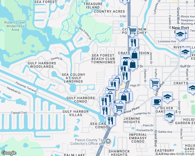 map of restaurants, bars, coffee shops, grocery stores, and more near 4914 Getner Street in New Port Richey