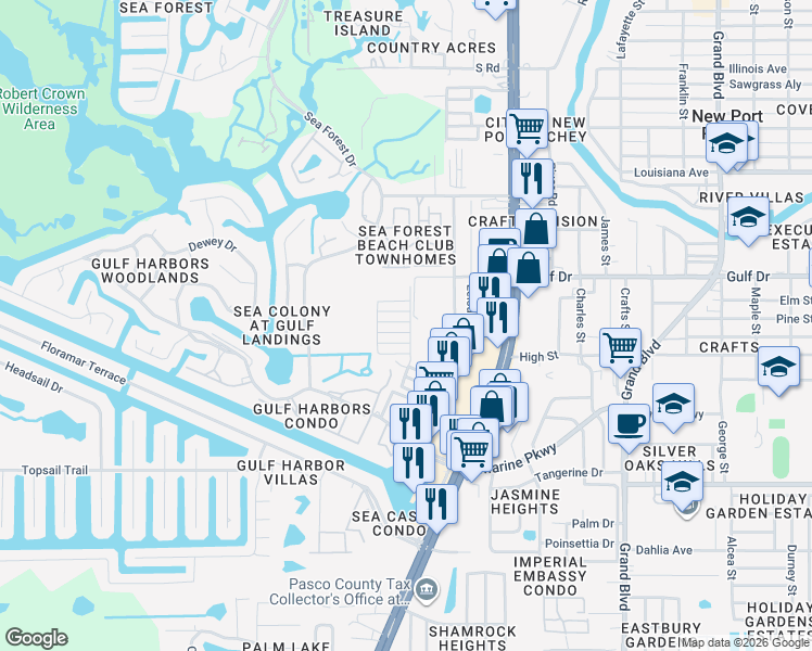 map of restaurants, bars, coffee shops, grocery stores, and more near 4930 Hazner Street in New Port Richey