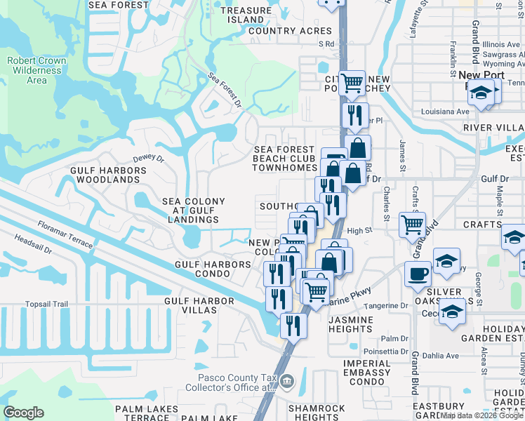 map of restaurants, bars, coffee shops, grocery stores, and more near 4930 Hazner Street in New Port Richey
