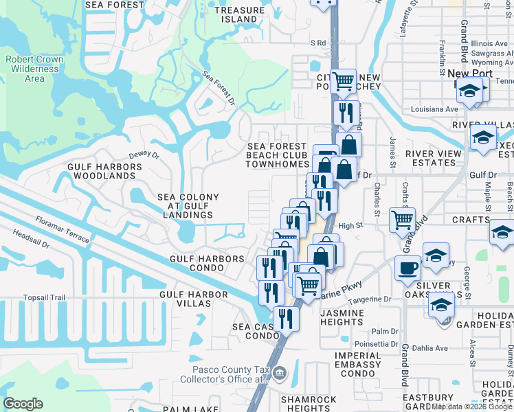 map of restaurants, bars, coffee shops, grocery stores, and more near 4930 Getner Street in New Port Richey