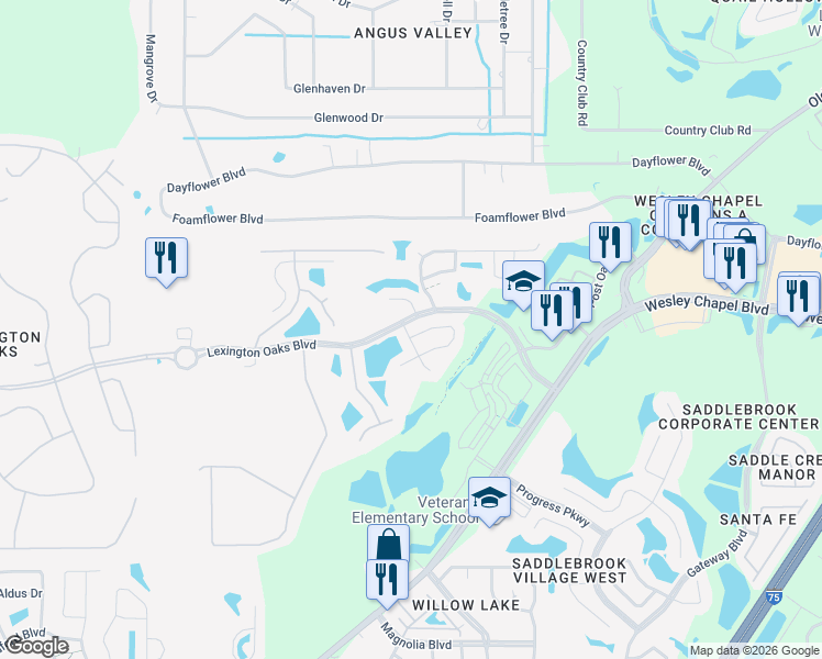map of restaurants, bars, coffee shops, grocery stores, and more near 26645 Middleground Loop in Zephyrhills