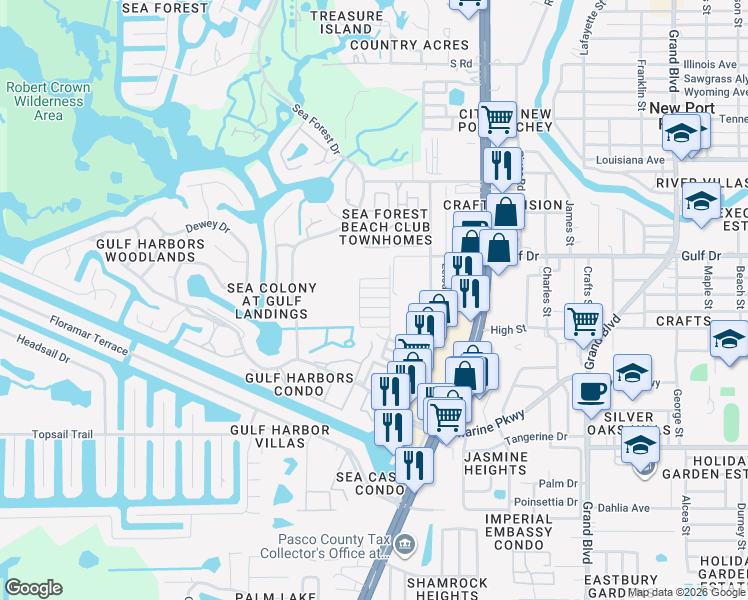 map of restaurants, bars, coffee shops, grocery stores, and more near 4930 Hazner Street in New Port Richey